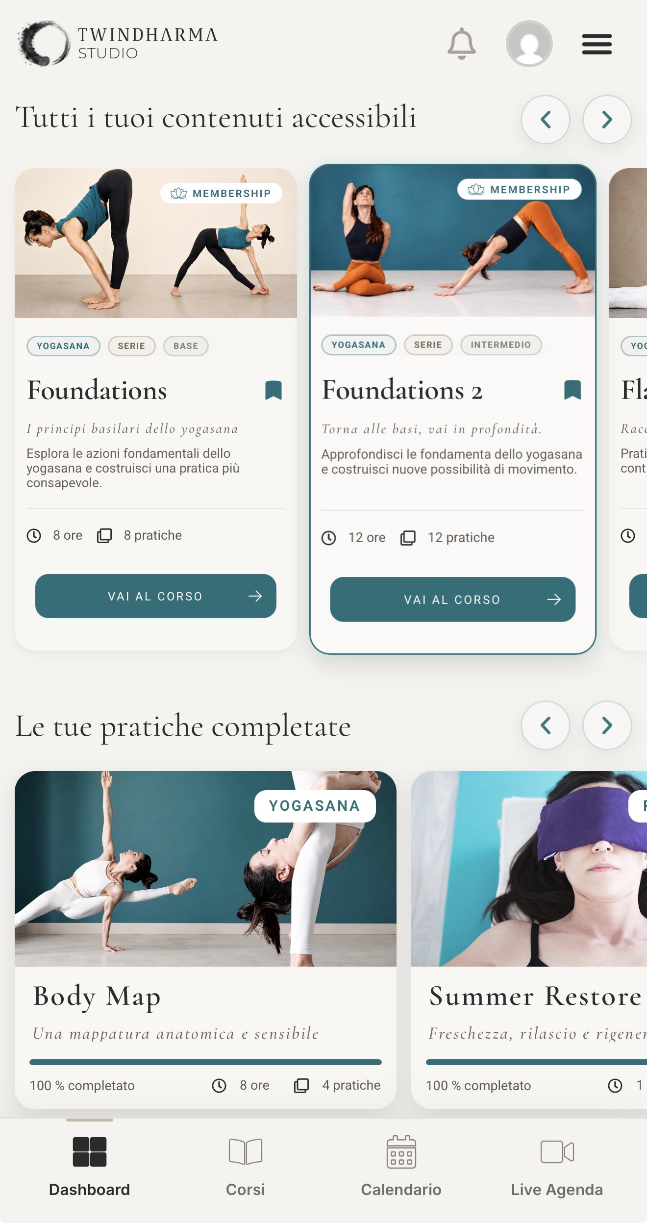 Twindharma Studio su smartphone: corsi e pratiche completate